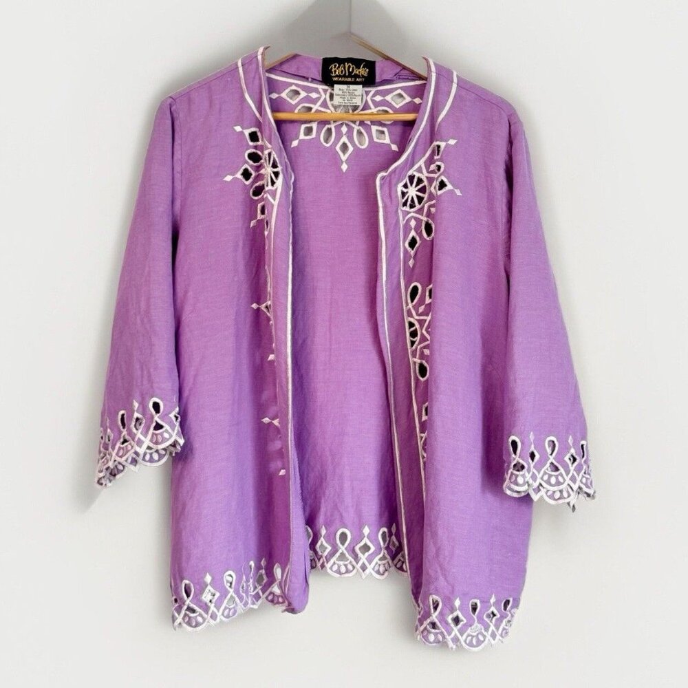 Bob Mackie Wearable Art Womens Linen Embroidered Open Blazer Size 1X Coastal